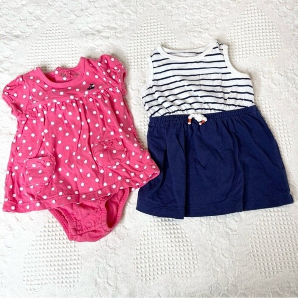 Bundle Two Carter’s Dresses Baby Girl 6 Months Nautical Stripe Pink Polka Dot
